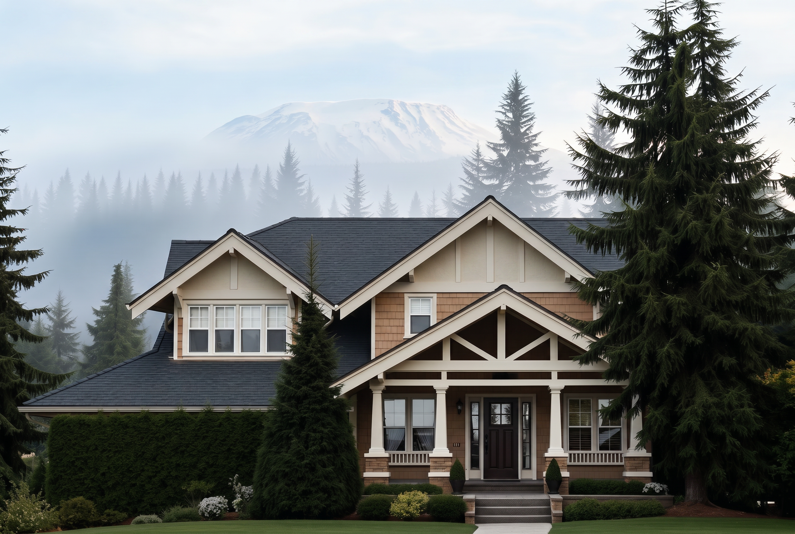Classic Pacific Northwest craftsman home with evergreens and Mount Rainier